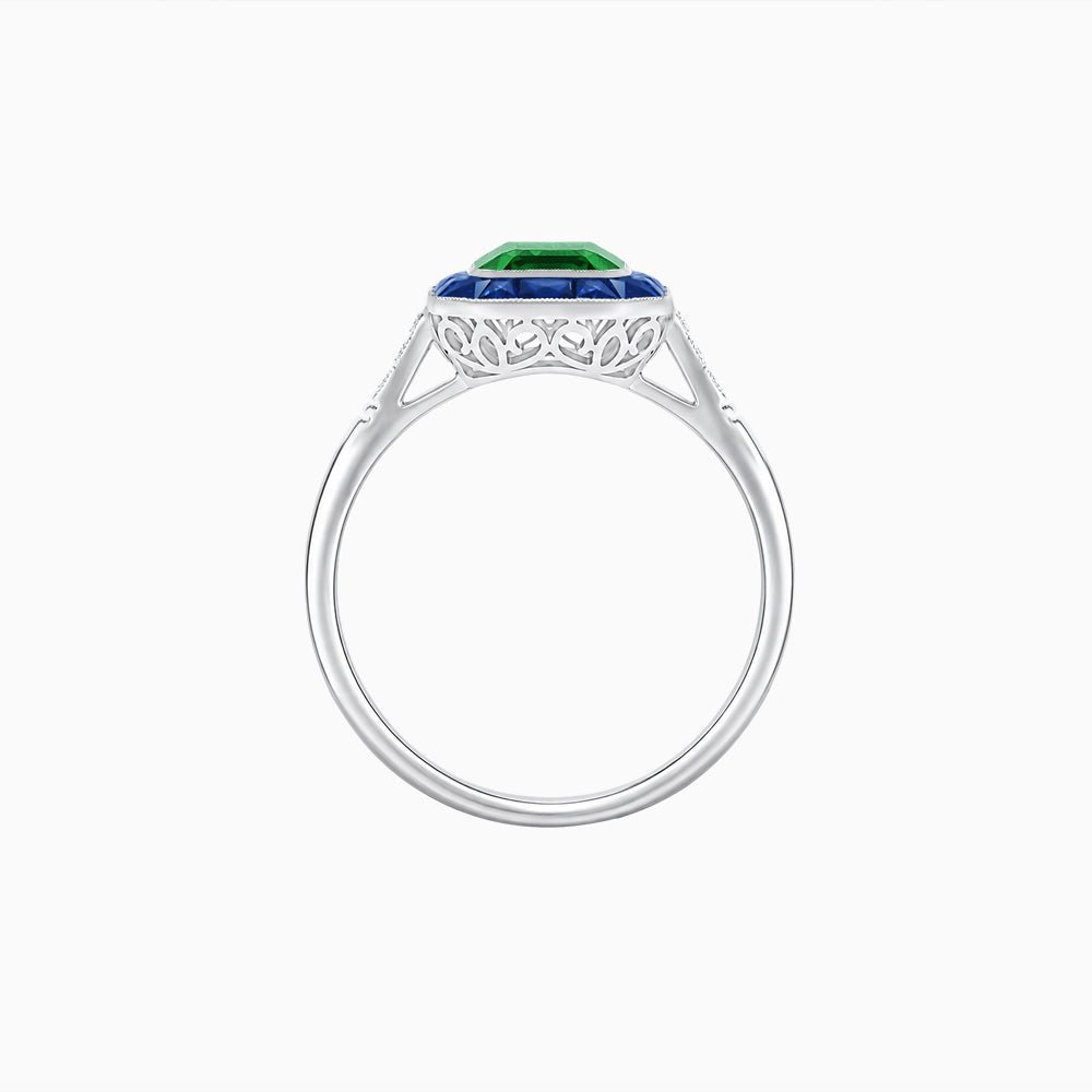 Art Deco Inspired Emerald Cut French-Cut Gemstone Halo Ring - Shahin Jewelry
