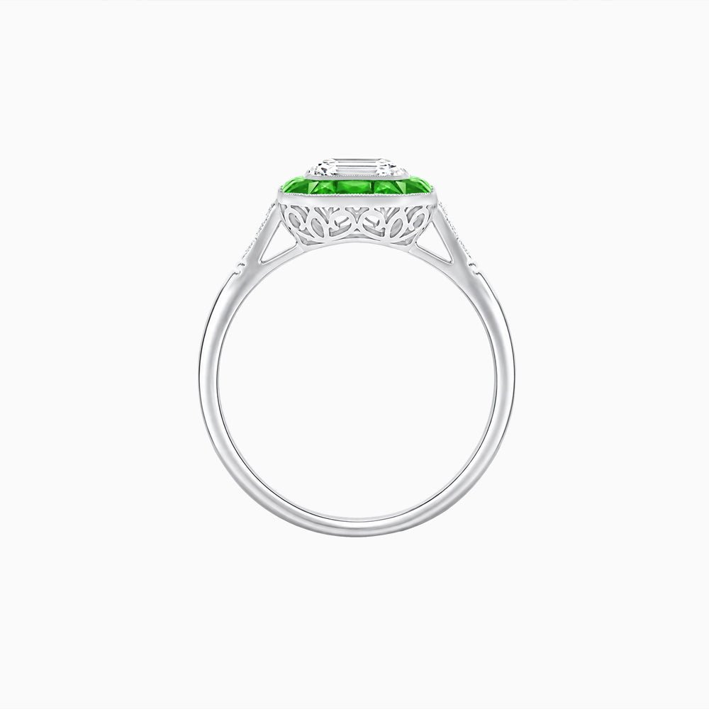 Art Deco Inspired Emerald Cut French-Cut Gemstone Halo Ring - Shahin Jewelry