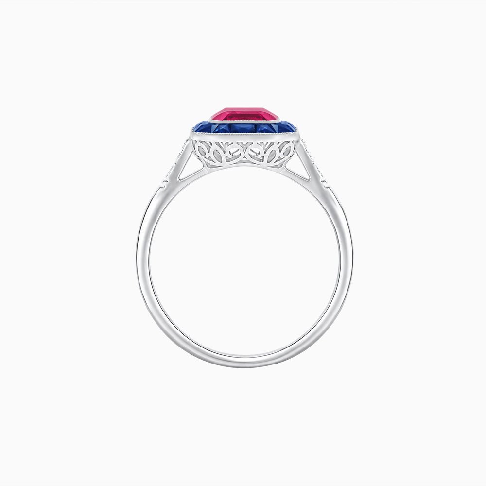 Art Deco Inspired Emerald Cut French-Cut Gemstone Halo Ring - Shahin Jewelry