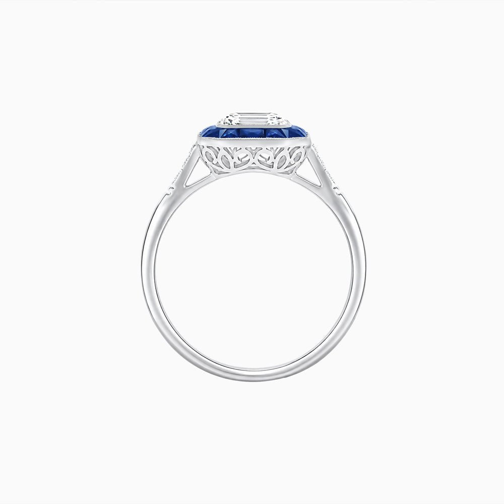 Art Deco Inspired Emerald Cut French-Cut Gemstone Halo Ring - Shahin Jewelry