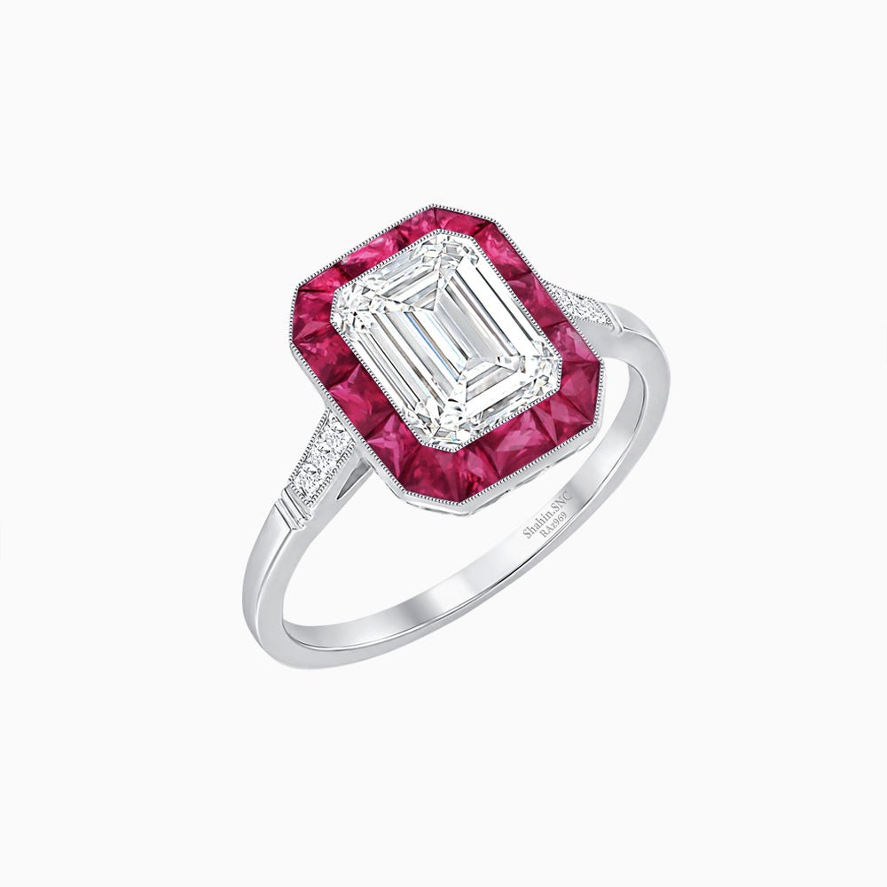 Art Deco Inspired Emerald Cut French-Cut Gemstone Halo Ring - Shahin Jewelry