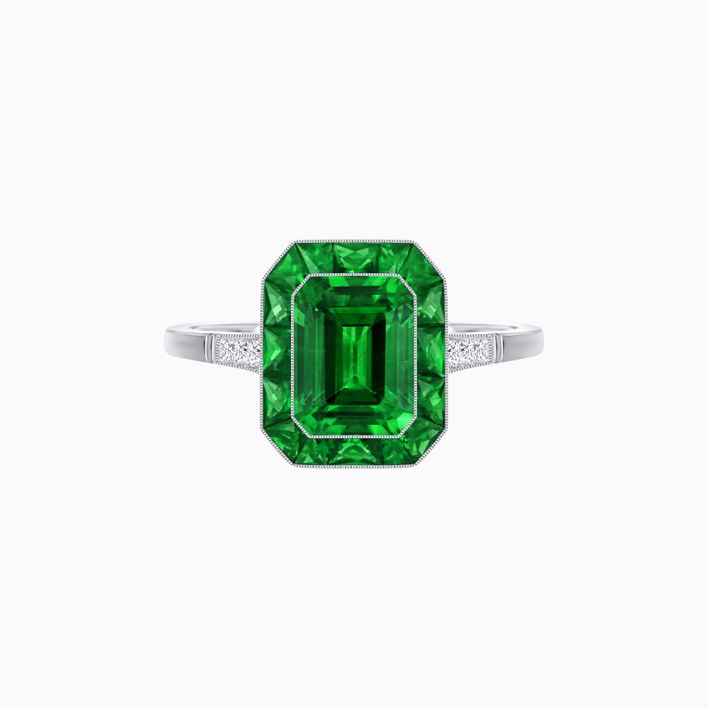 Art Deco Inspired Emerald Cut French-Cut Gemstone Halo Ring - Shahin Jewelry