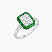 Art Deco Inspired Emerald Cut French-Cut Gemstone Halo Ring - Shahin Jewelry