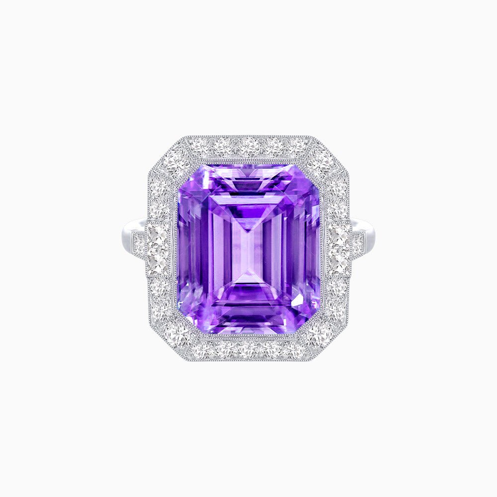 Art Deco–Inspired Emerald-Cut Gemstone Ring with Octagonal Diamond Halo - Shahin Jewelry