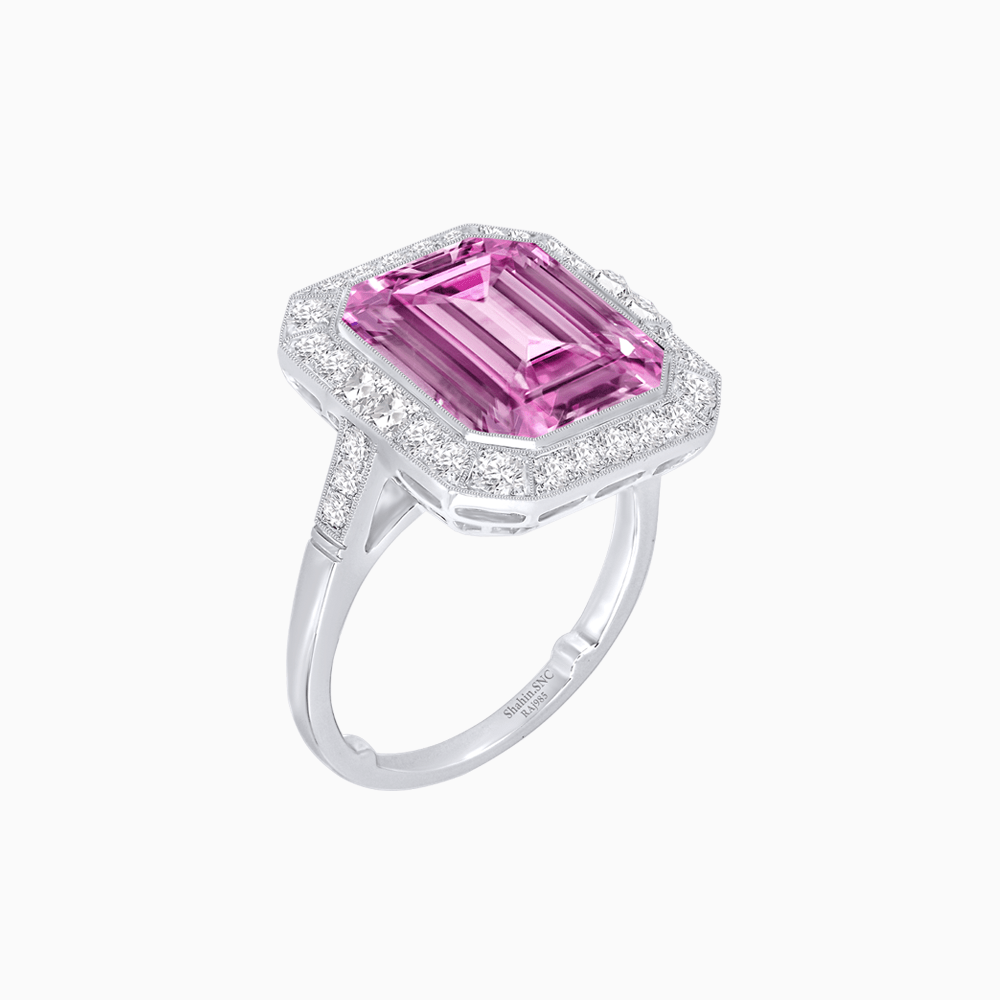 Art Deco–Inspired Emerald-Cut Gemstone Ring with Octagonal Diamond Halo - Shahin Jewelry