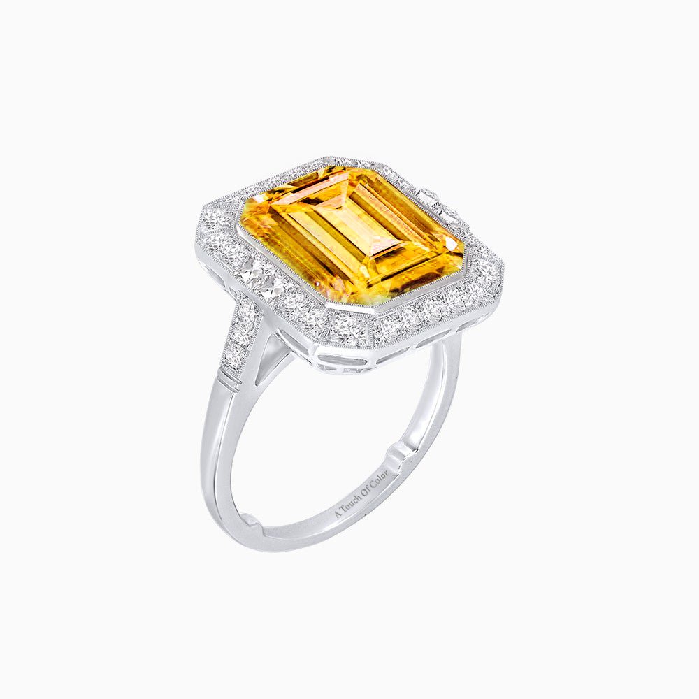 Art Deco–Inspired Emerald-Cut Gemstone Ring with Octagonal Diamond Halo - Shahin Jewelry