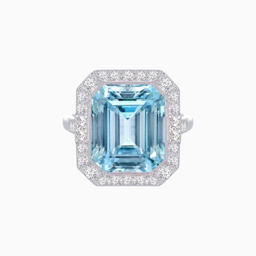 Art Deco–Inspired Emerald-Cut Gemstone Ring with Octagonal Diamond Halo - Shahin Jewelry