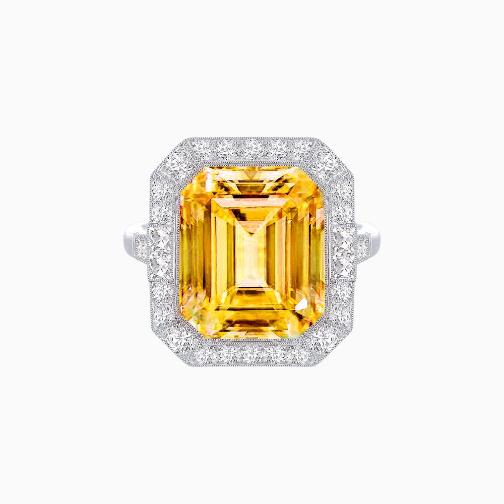 Art Deco–Inspired Emerald-Cut Gemstone Ring with Octagonal Diamond Halo - Shahin Jewelry