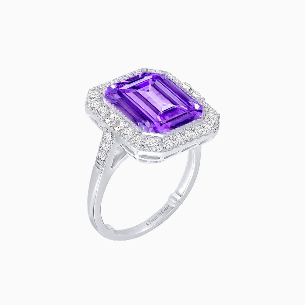 Art Deco–Inspired Emerald-Cut Gemstone Ring with Octagonal Diamond Halo - Shahin Jewelry