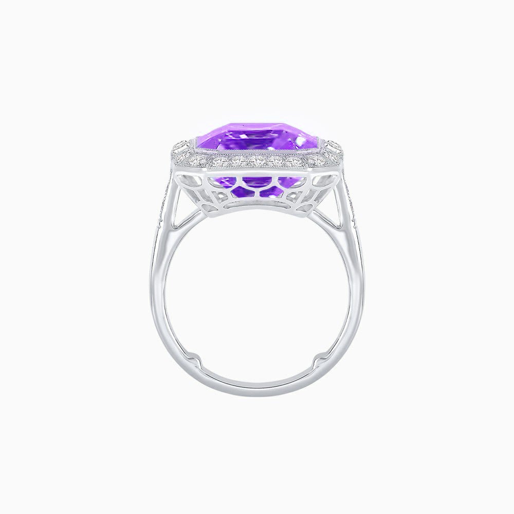 Art Deco–Inspired Emerald-Cut Gemstone Ring with Octagonal Diamond Halo - Shahin Jewelry