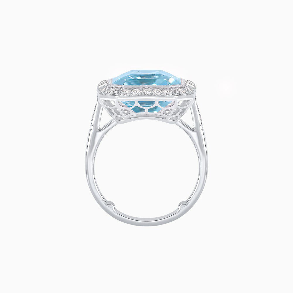 Art Deco–Inspired Emerald-Cut Gemstone Ring with Octagonal Diamond Halo - Shahin Jewelry