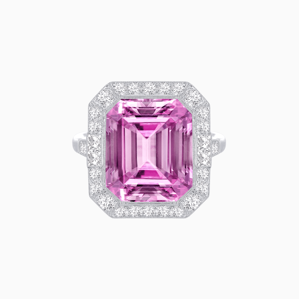 Art Deco–Inspired Emerald-Cut Gemstone Ring with Octagonal Diamond Halo - Shahin Jewelry