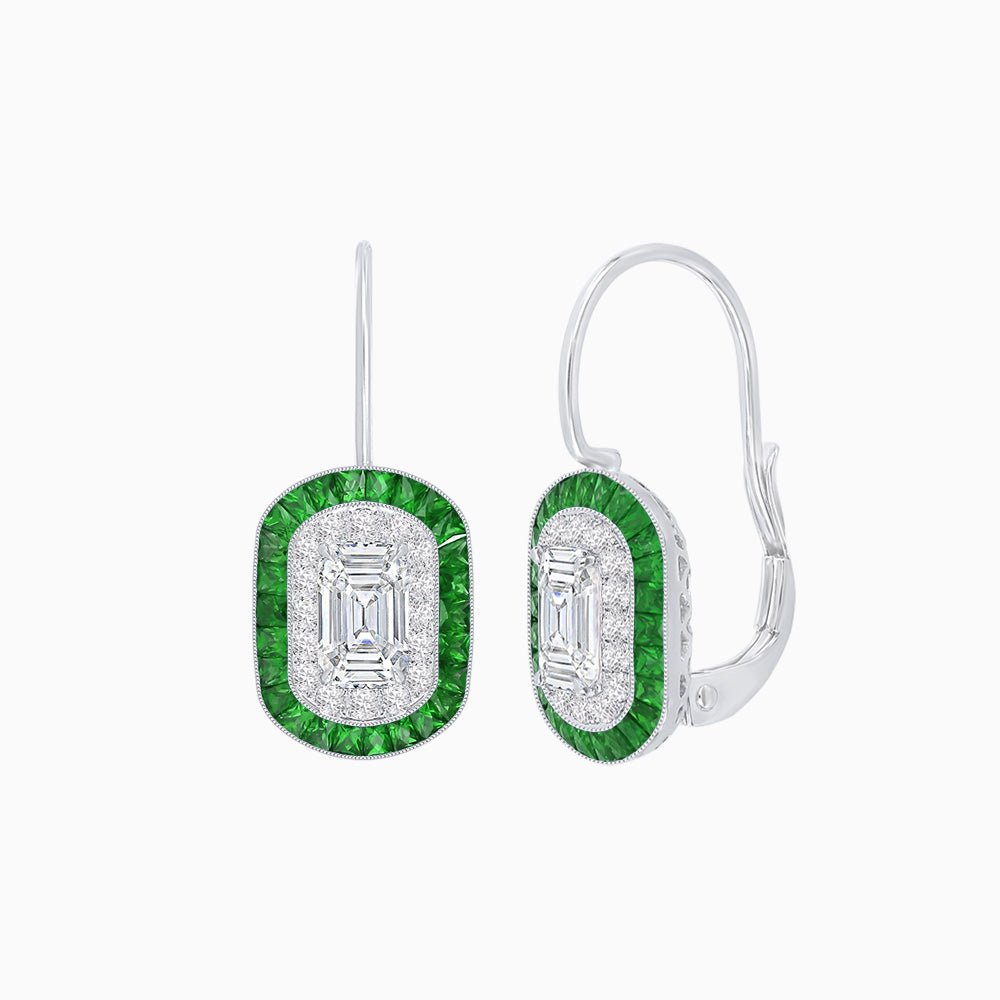 Art Deco Inspired Emerald - Cut Halo Drop Earrings Mounting with Diamonds and Gemstones - Shahin Jewelry