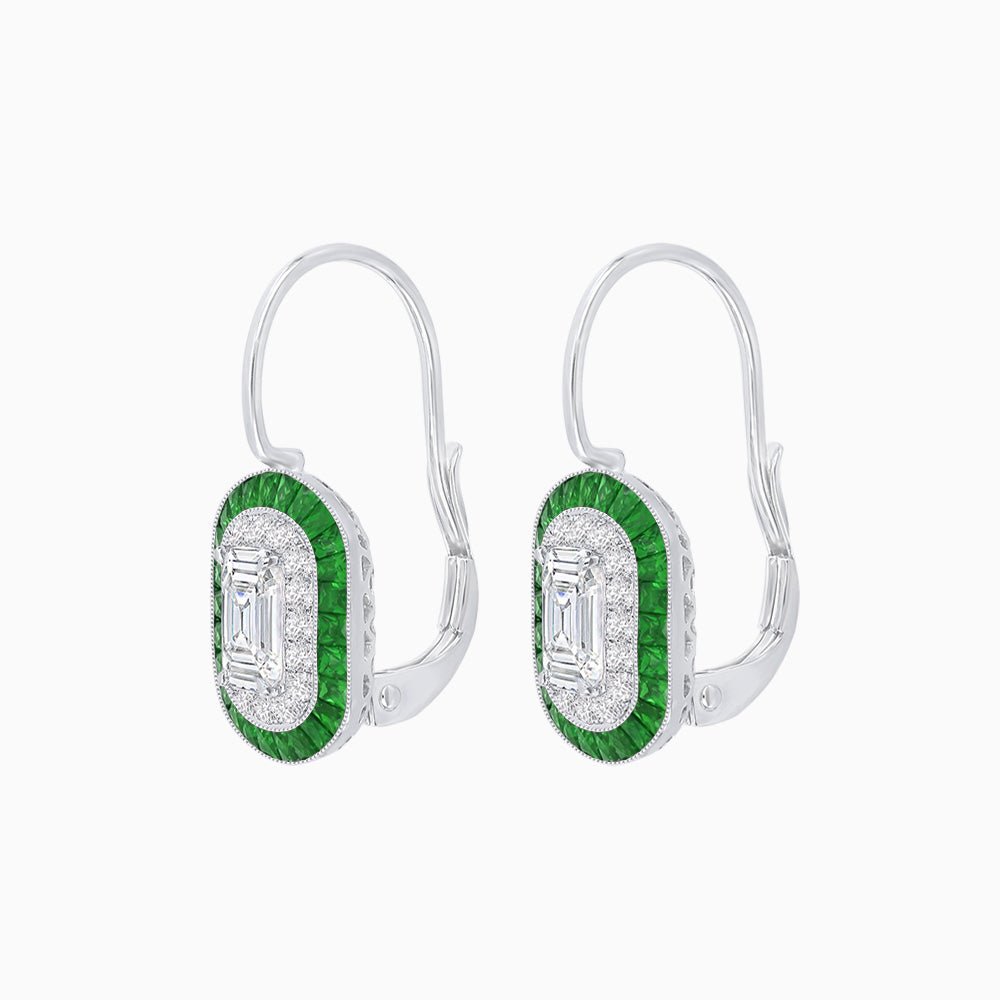 Art Deco Inspired Emerald - Cut Halo Drop Earrings Mounting with Diamonds and Gemstones - Shahin Jewelry