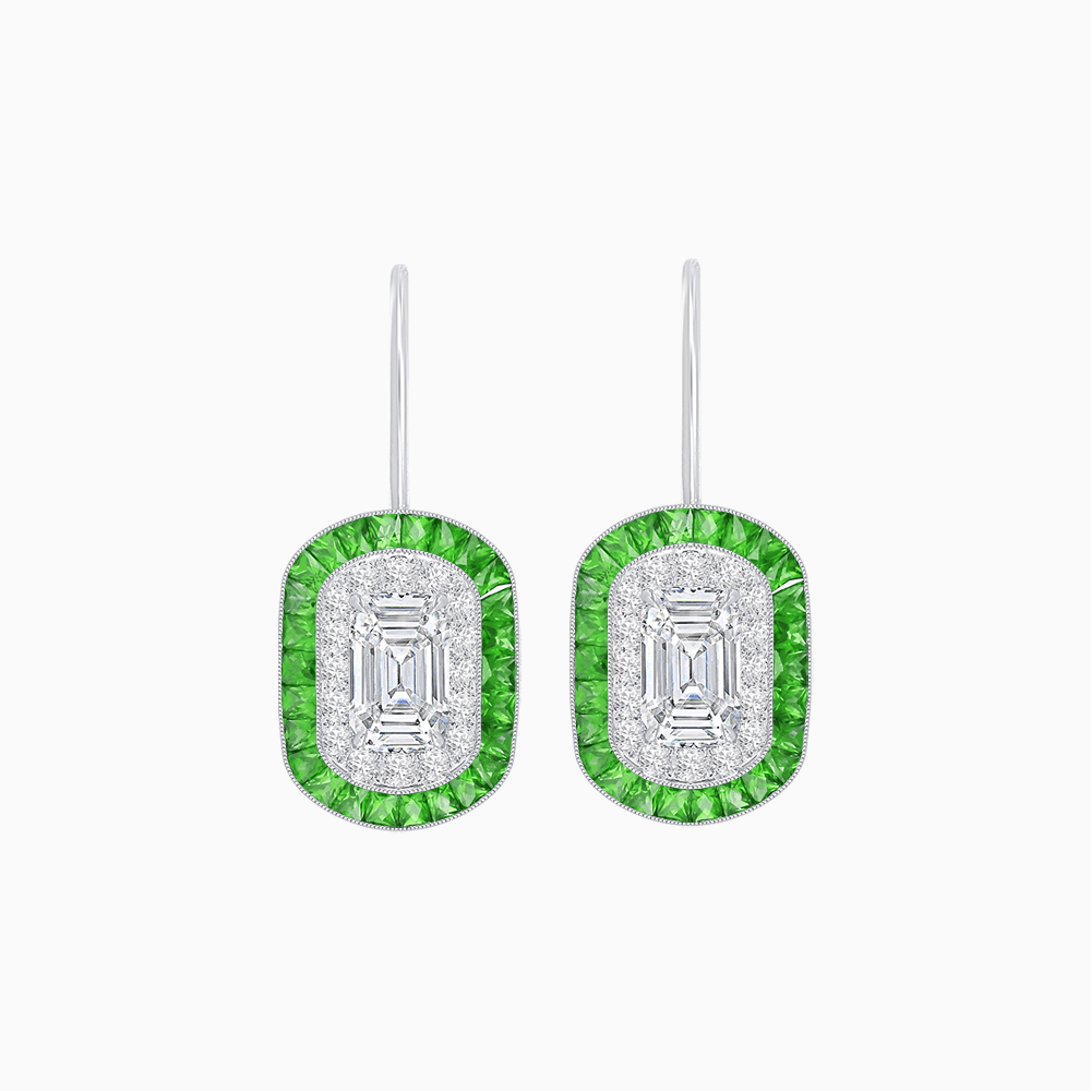 Art Deco Inspired Emerald - Cut Halo Drop Earrings Mounting with Diamonds and Gemstones - Shahin Jewelry