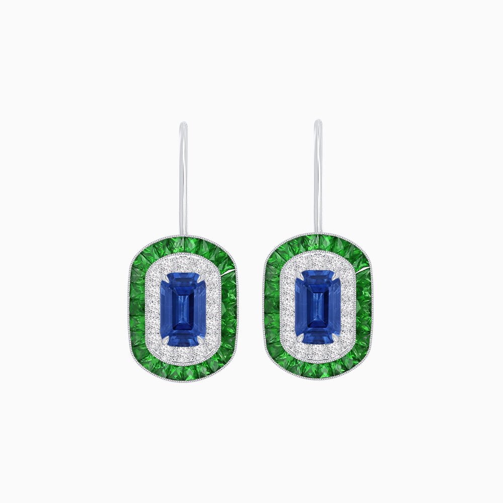 Art Deco Inspired Emerald-Cut Halo Drop Earrings Mounting with Diamonds and Gemstones - Shahin Jewelry