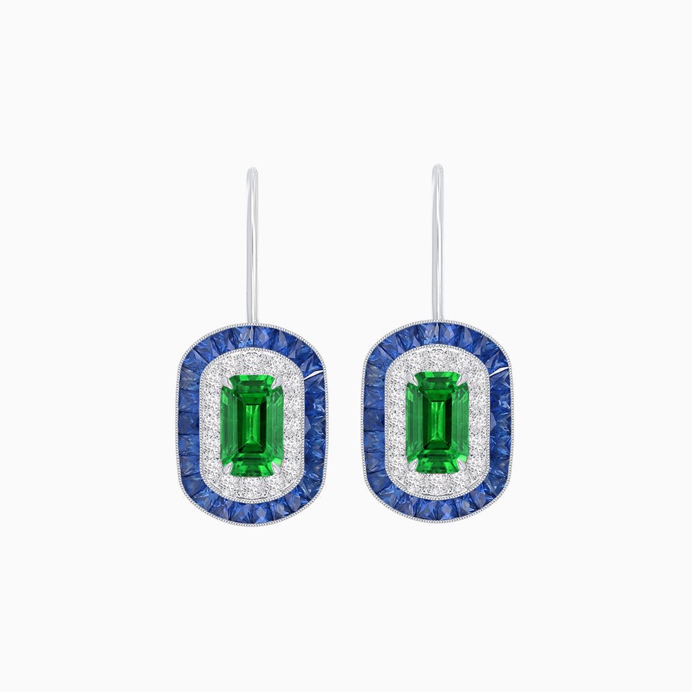 Art Deco Inspired Emerald-Cut Halo Drop Earrings Mounting with Diamonds and Gemstones - Shahin Jewelry