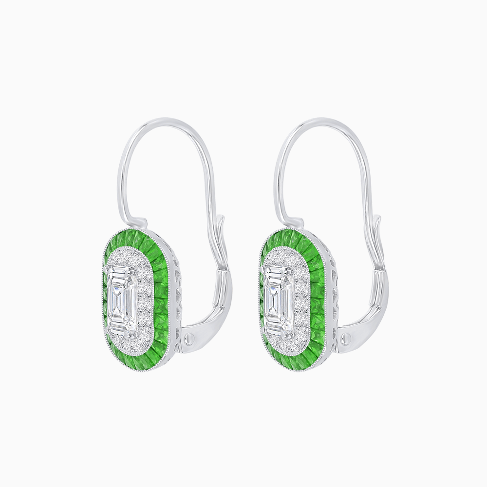 Art Deco Inspired Emerald - Cut Halo Drop Earrings Mounting with Diamonds and Gemstones - Shahin Jewelry