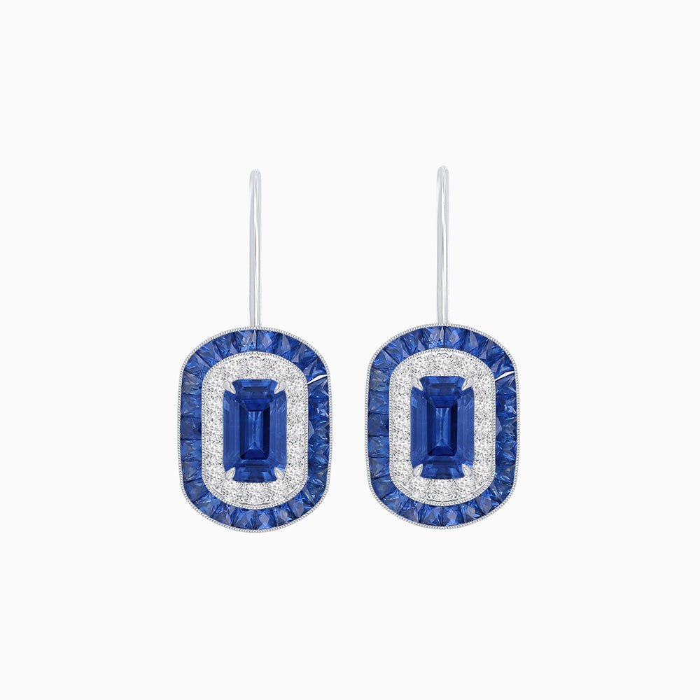 Art Deco Inspired Emerald-Cut Halo Drop Earrings Mounting with Diamonds and Gemstones - Shahin Jewelry