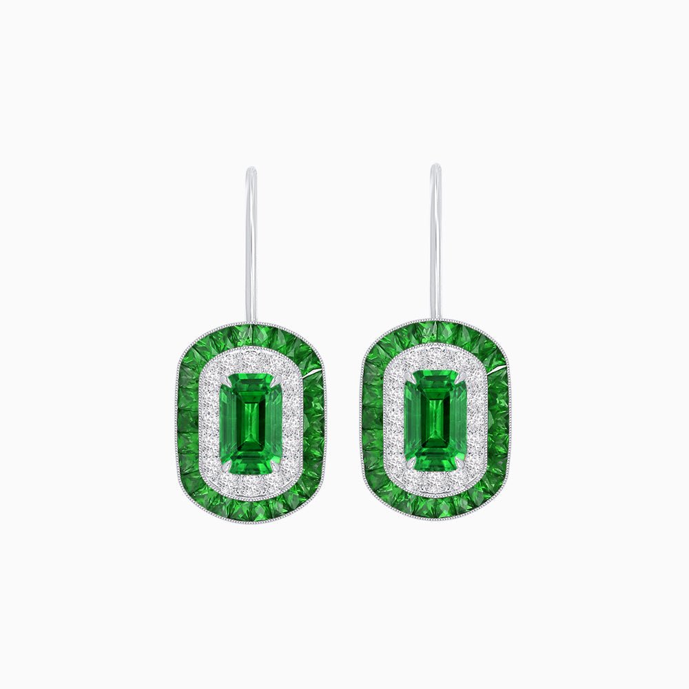 Art Deco Inspired Emerald-Cut Halo Drop Earrings Mounting with Diamonds and Gemstones - Shahin Jewelry