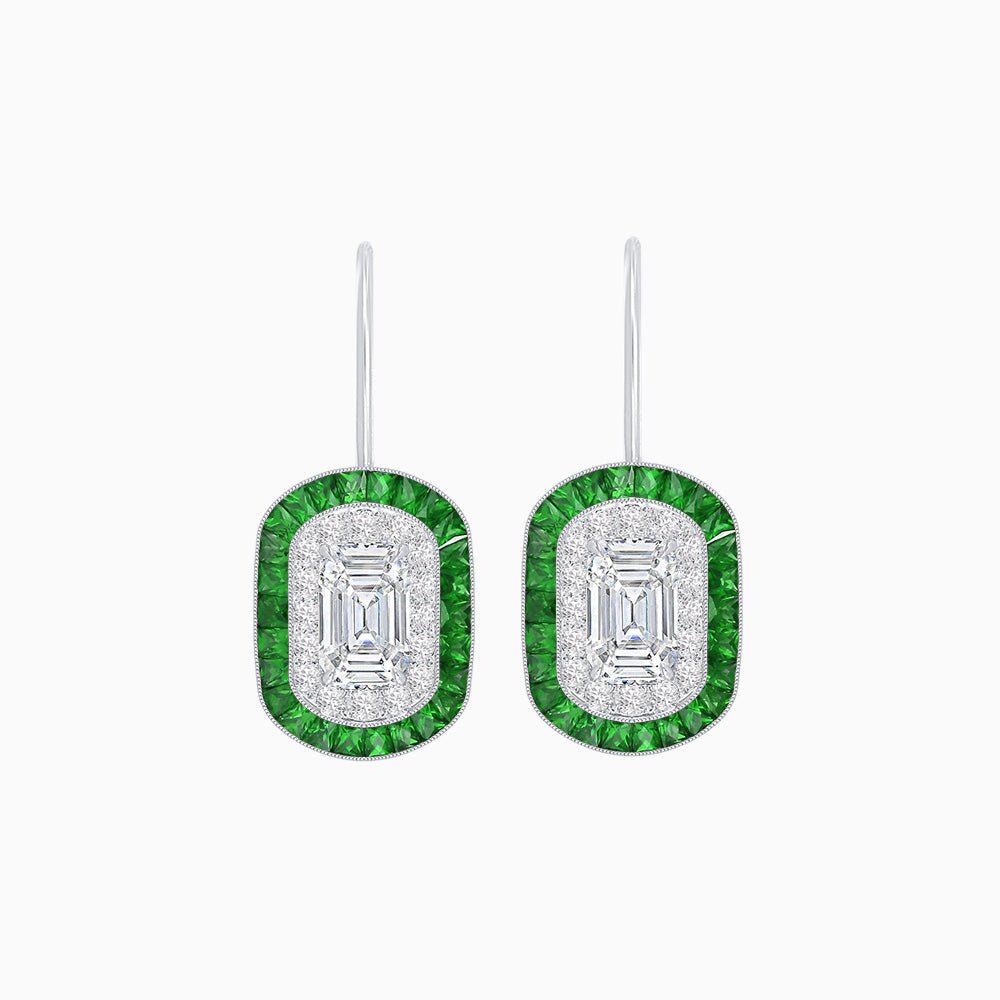 Art Deco Inspired Emerald - Cut Halo Drop Earrings Mounting with Diamonds and Gemstones - Shahin Jewelry