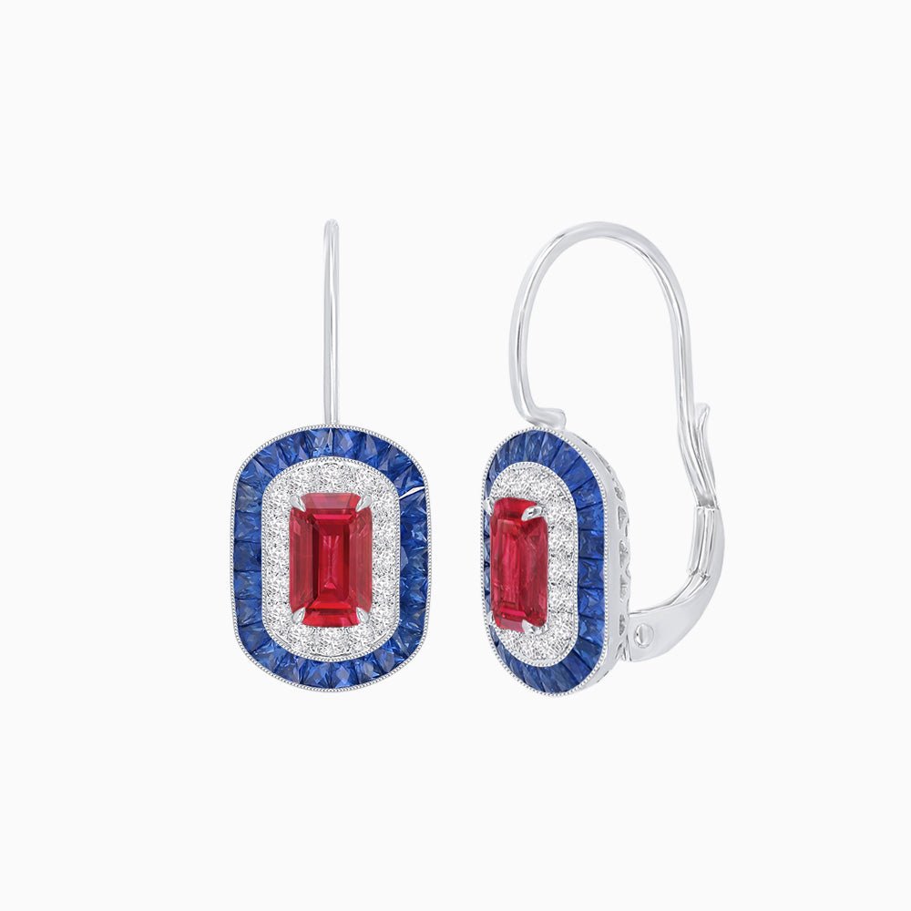 Art Deco Inspired Emerald-Cut Halo Drop Earrings Mounting with Diamonds and Gemstones - Shahin Jewelry
