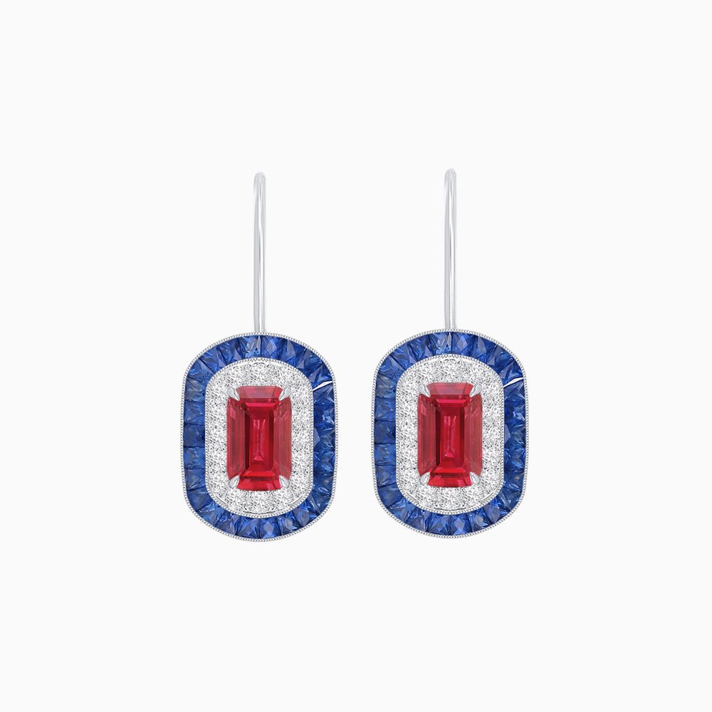 Art Deco Inspired Emerald-Cut Halo Drop Earrings Mounting with Diamonds and Gemstones - Shahin Jewelry