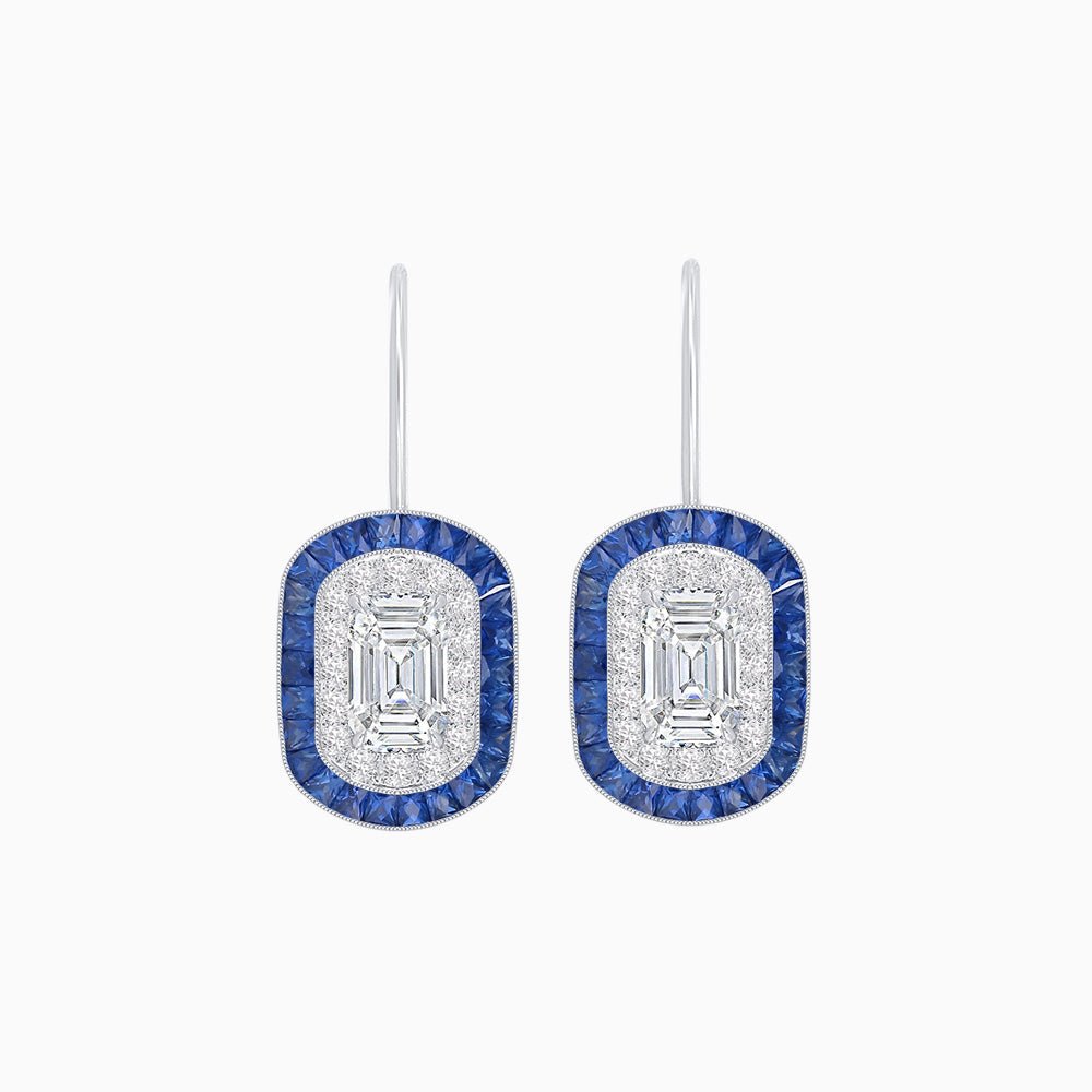 Art Deco Inspired Emerald - Cut Halo Drop Earrings Mounting with Diamonds and Gemstones - Shahin Jewelry