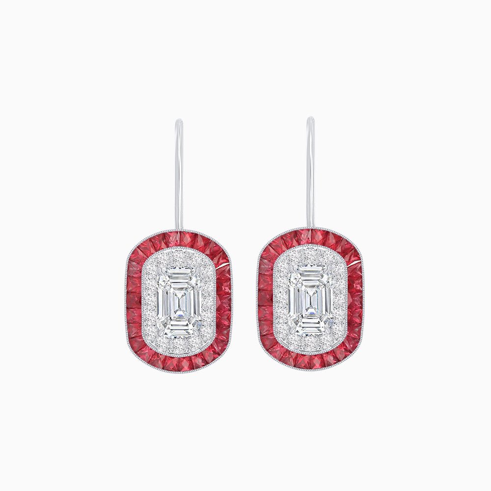 Art Deco Inspired Emerald - Cut Halo Drop Earrings Mounting with Diamonds and Gemstones - Shahin Jewelry