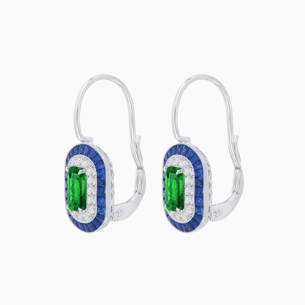Art Deco Inspired Emerald-Cut Halo Drop Earrings Mounting with Diamonds and Gemstones - Shahin Jewelry