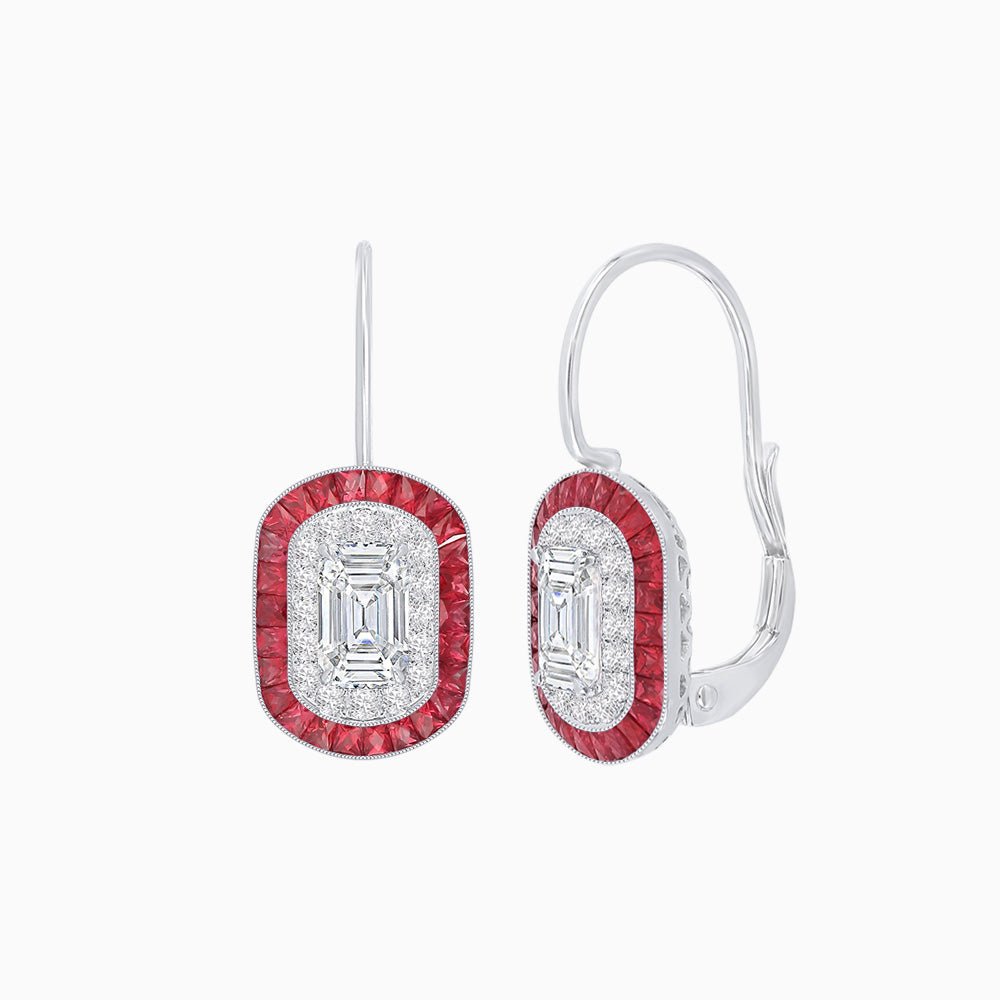 Art Deco Inspired Emerald - Cut Halo Drop Earrings Mounting with Diamonds and Gemstones - Shahin Jewelry