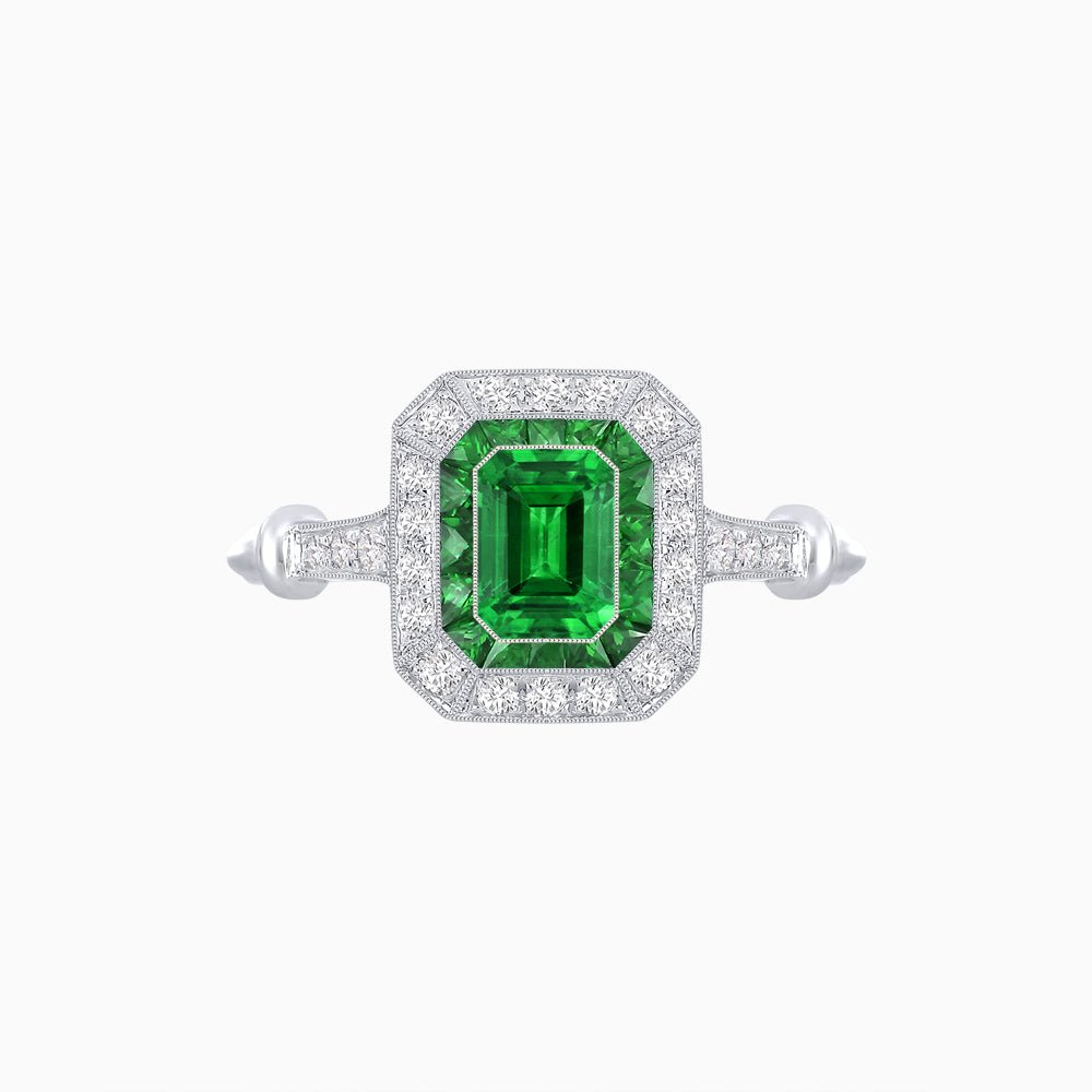 Art Deco Inspired Emerald - Cut Halo Mounting Ring - Shahin Jewelry