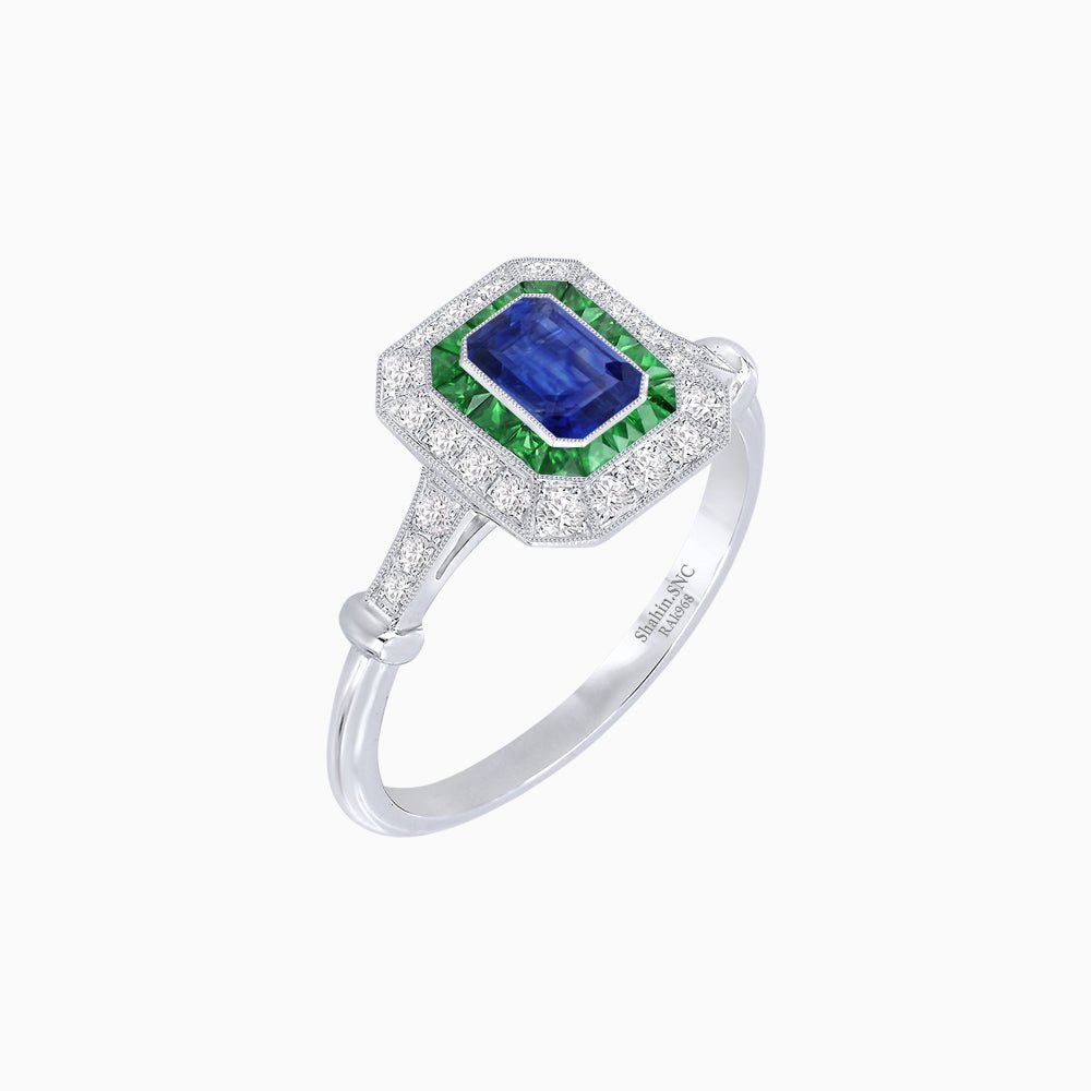 Art Deco Inspired Emerald - Cut Halo Mounting Ring - Shahin Jewelry