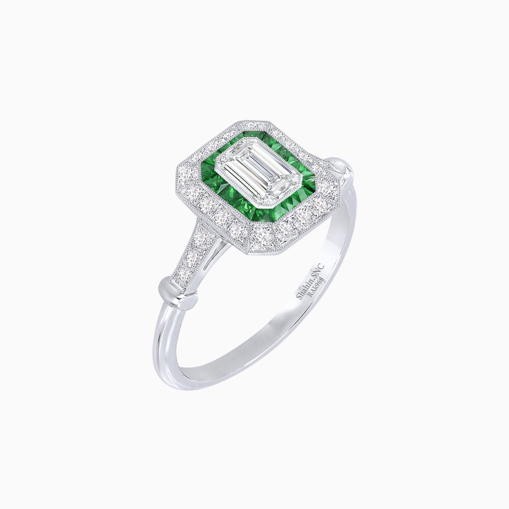 Art Deco Inspired Emerald - Cut Halo Mounting Ring - Shahin Jewelry