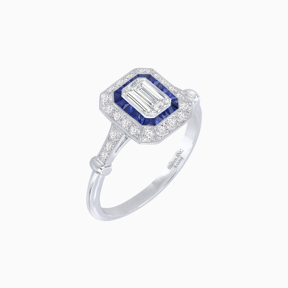 Art Deco Inspired Emerald - Cut Halo Mounting Ring - Shahin Jewelry