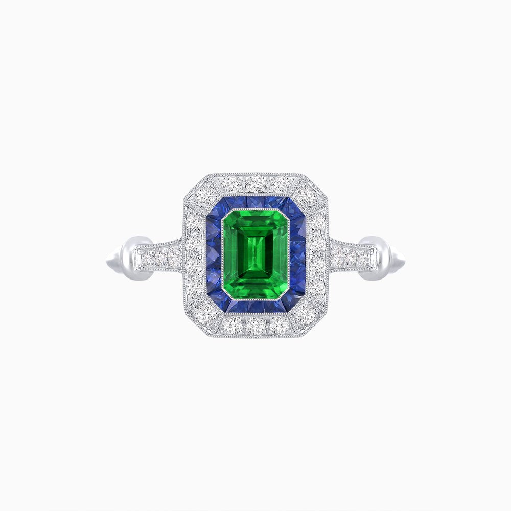 Art Deco Inspired Emerald - Cut Halo Mounting Ring - Shahin Jewelry