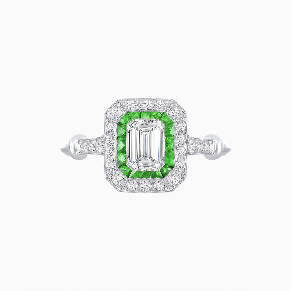 Art Deco Inspired Emerald - Cut Halo Mounting Ring - Shahin Jewelry