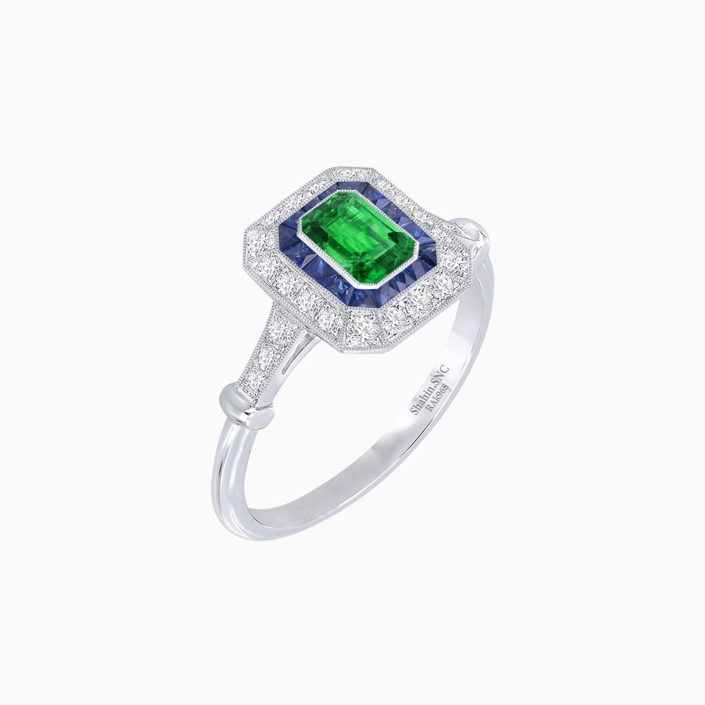Art Deco Inspired Emerald - Cut Halo Mounting Ring - Shahin Jewelry