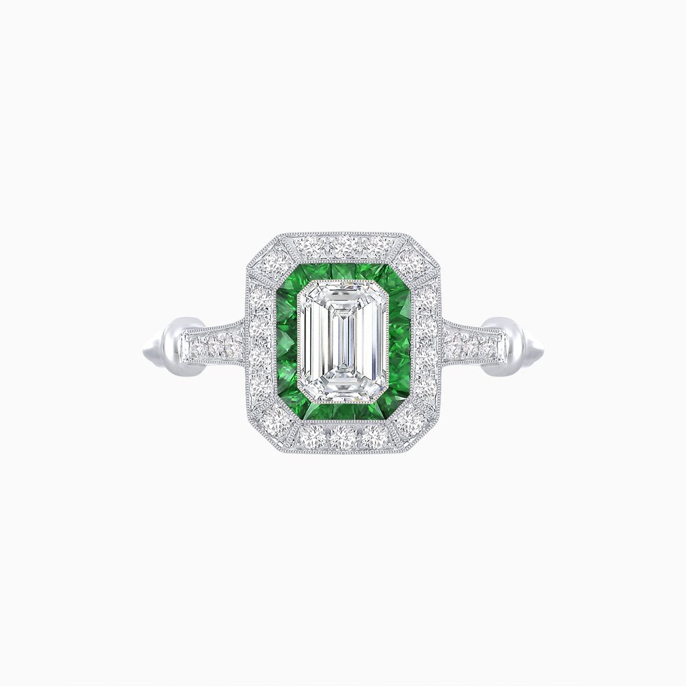 Art Deco Inspired Emerald - Cut Halo Mounting Ring - Shahin Jewelry