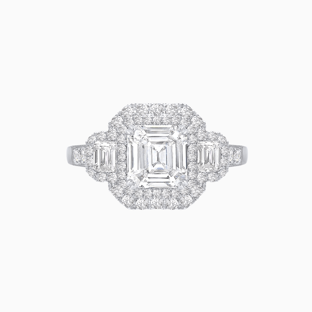 Art Deco Inspired Emerald Cut Halo Ring with Baguette Diamonds - Shahin Jewelry