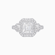Art Deco Inspired Emerald Cut Halo Ring with Baguette Diamonds - Shahin Jewelry