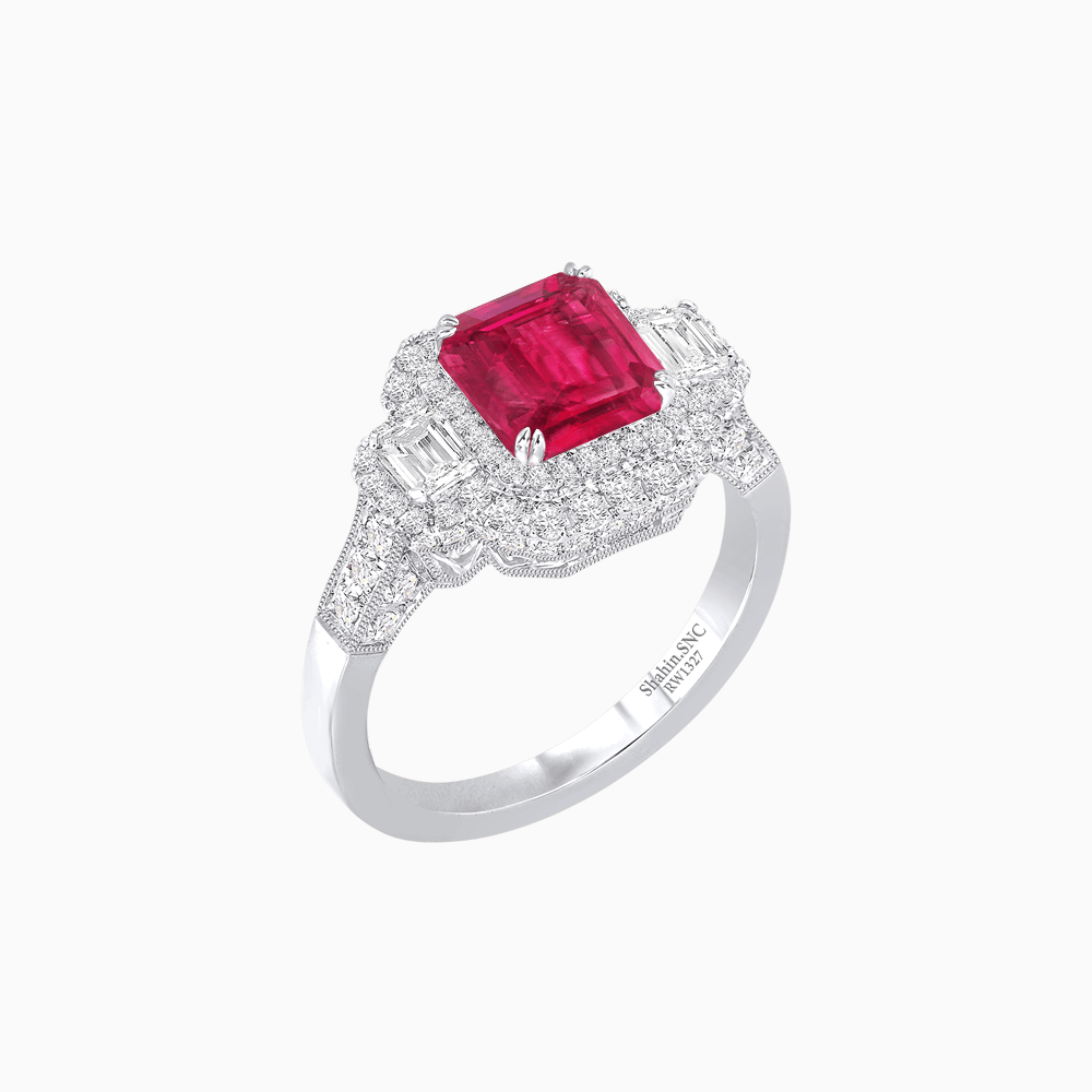 Art Deco Inspired Emerald Cut Halo Ring with Baguette Diamonds - Shahin Jewelry