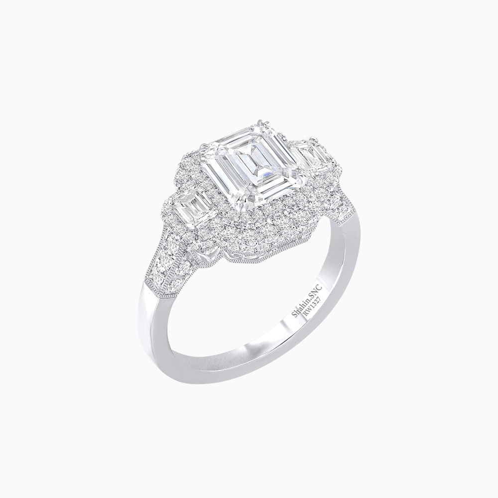 Art Deco Inspired Emerald Cut Halo Ring with Baguette Diamonds - Shahin Jewelry