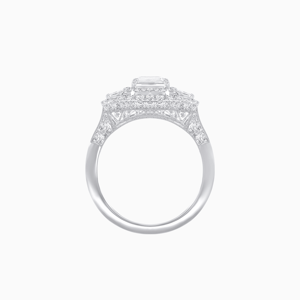 Art Deco Inspired Emerald Cut Halo Ring with Baguette Diamonds - Shahin Jewelry