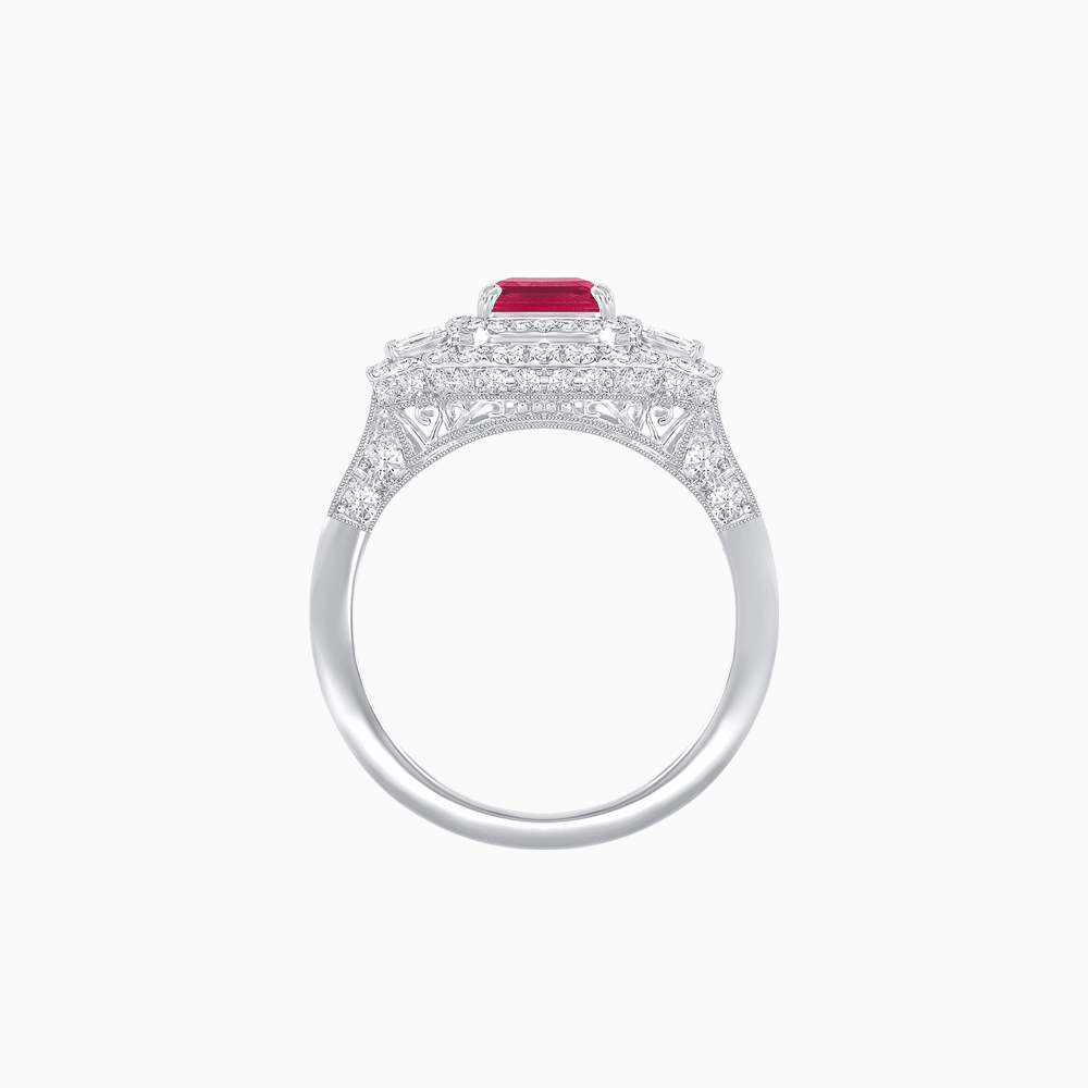 Art Deco Inspired Emerald Cut Halo Ring with Baguette Diamonds - Shahin Jewelry