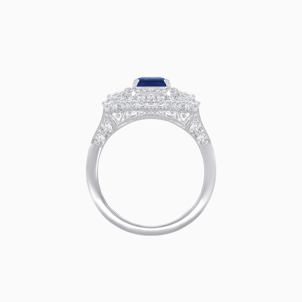 Art Deco Inspired Emerald Cut Halo Ring with Baguette Diamonds - Shahin Jewelry