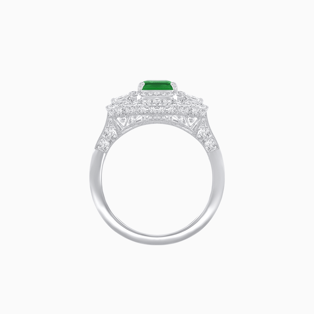 Art Deco Inspired Emerald Cut Halo Ring with Baguette Diamonds - Shahin Jewelry