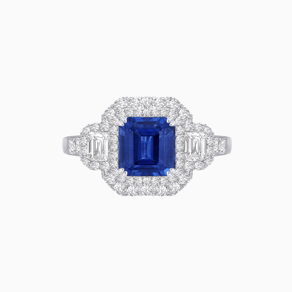 Art Deco Inspired Emerald Cut Halo Ring with Baguette Diamonds - Shahin Jewelry