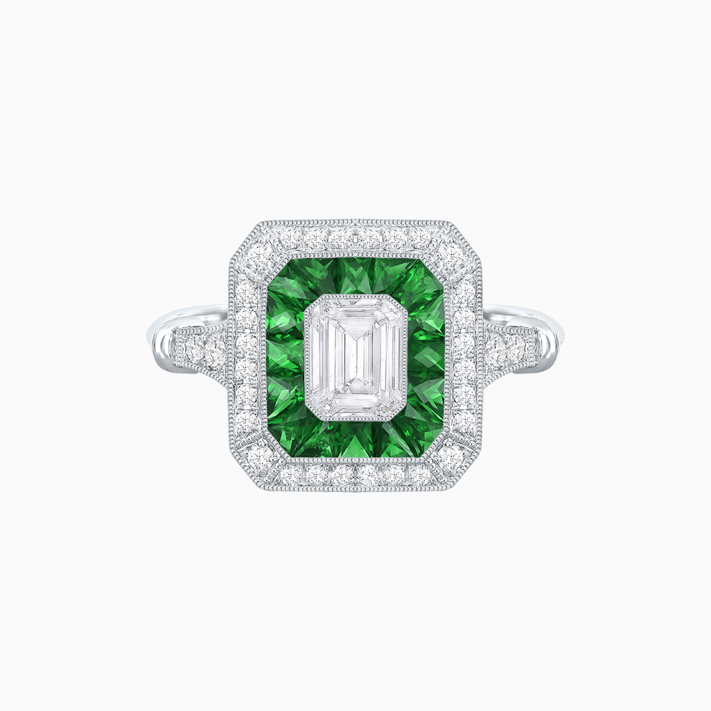 Art Deco Inspired Emerald Cut Halo Ring with Calibré Gems - Shahin Jewelry