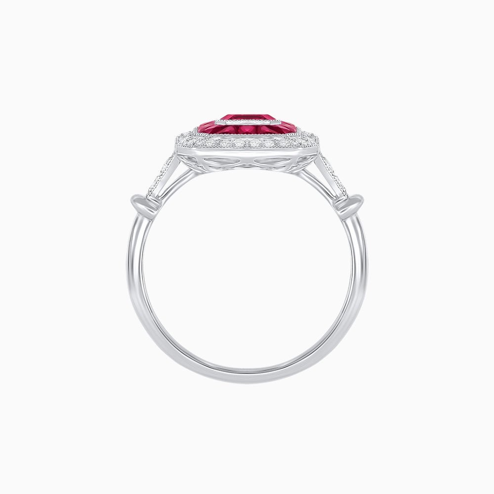 Art Deco Inspired Emerald Cut Halo Ring with Calibré Gems - Shahin Jewelry